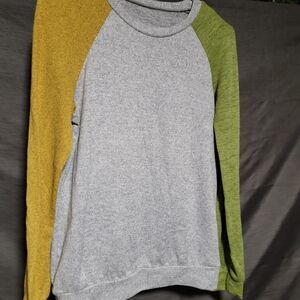 Heather Gray Raglan Sweatshirt with Mustard and Olive Sleeves